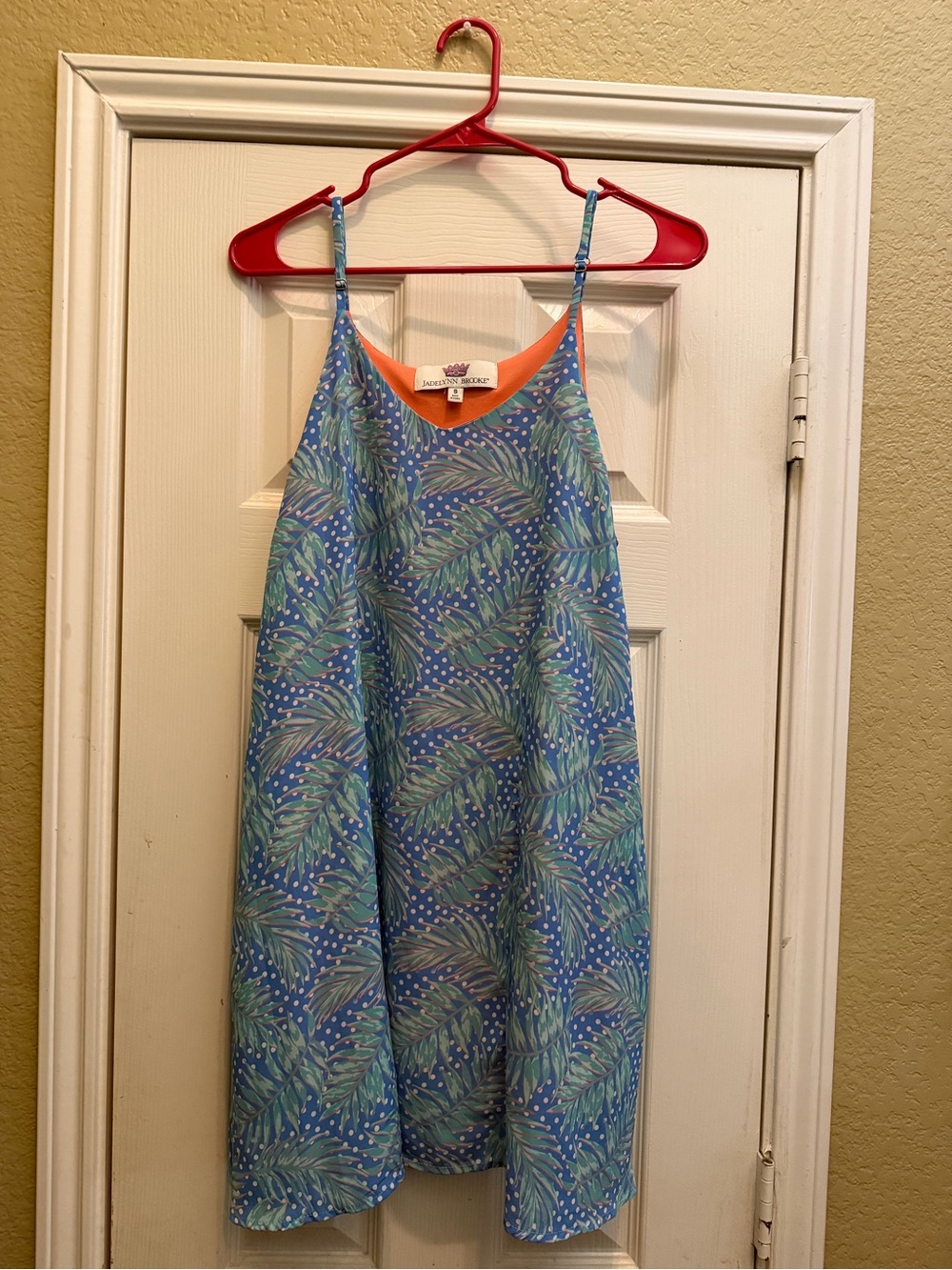 Jadelynn Brooke Blue Tropical Print Slip Dress with Coral Trim